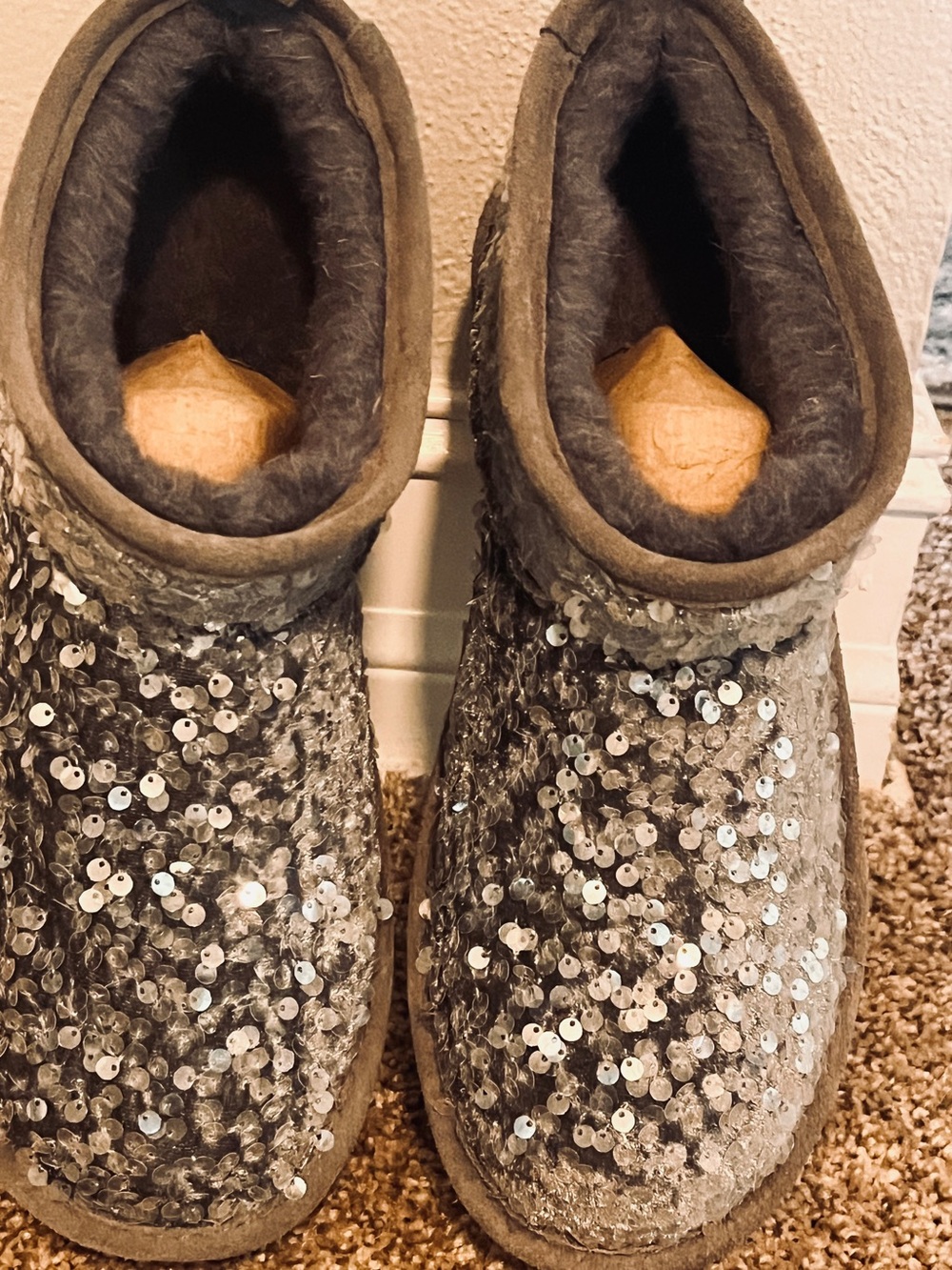 Sequin Plush Slip-On Women's Slipper Booties - Gray